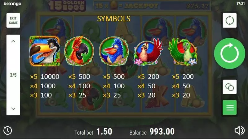 15 Golden Eggs slots Paytable