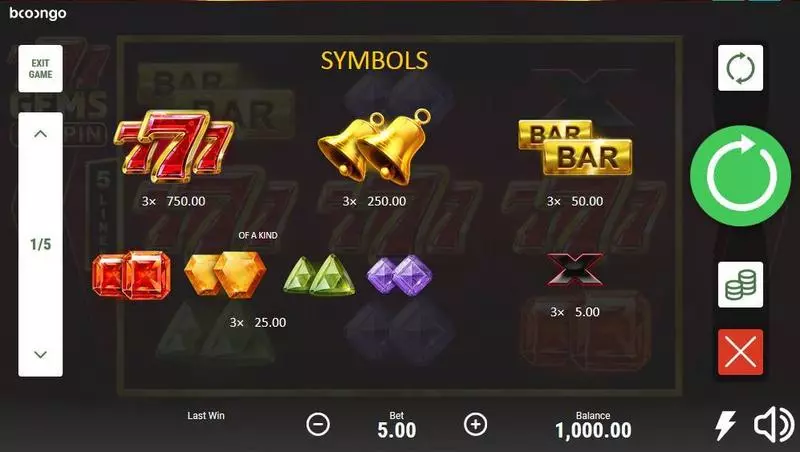 777 Gems: Respin slots Paytable