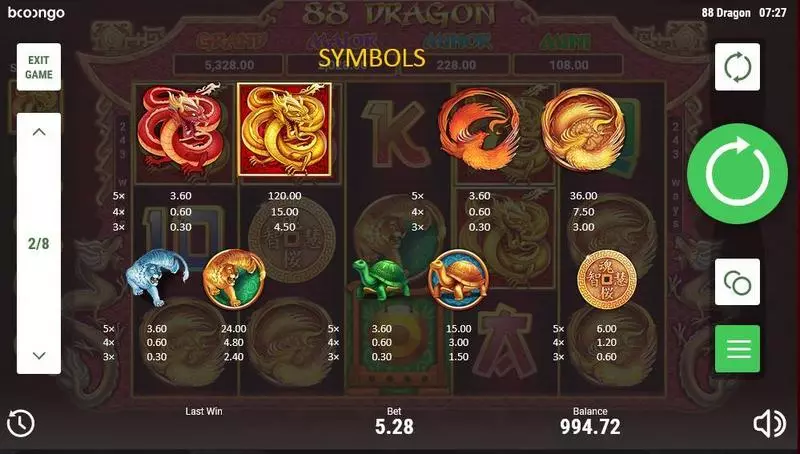 88 Dragon slots Paytable
