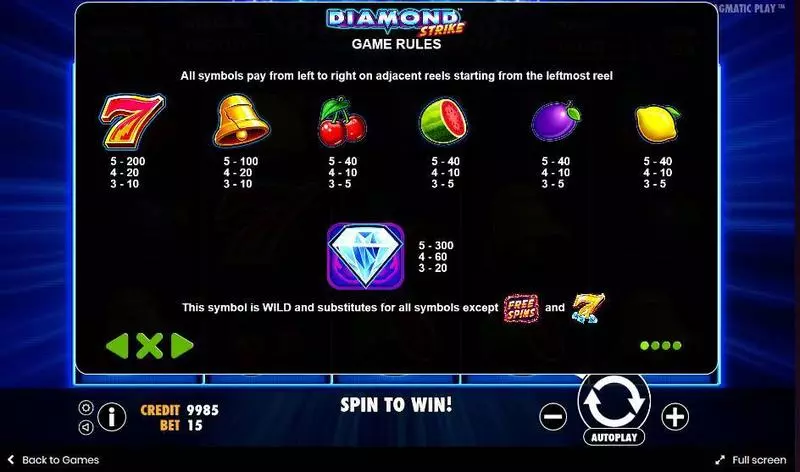 Diamond Strike slots Paytable