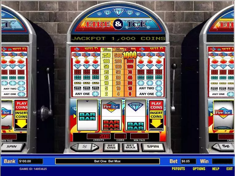 Fire and Ice 1 Line slots Main Screen Reels