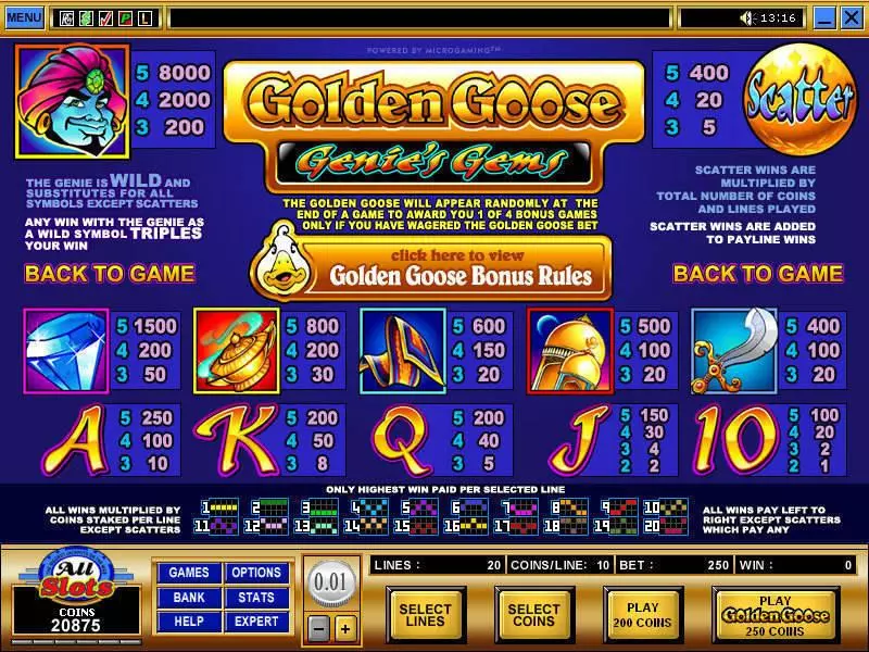 Golden Goose - Genie's Gems slots Info and Rules