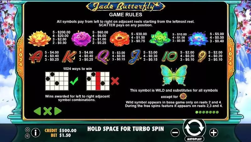 Jade Butterfly slots Paytable
