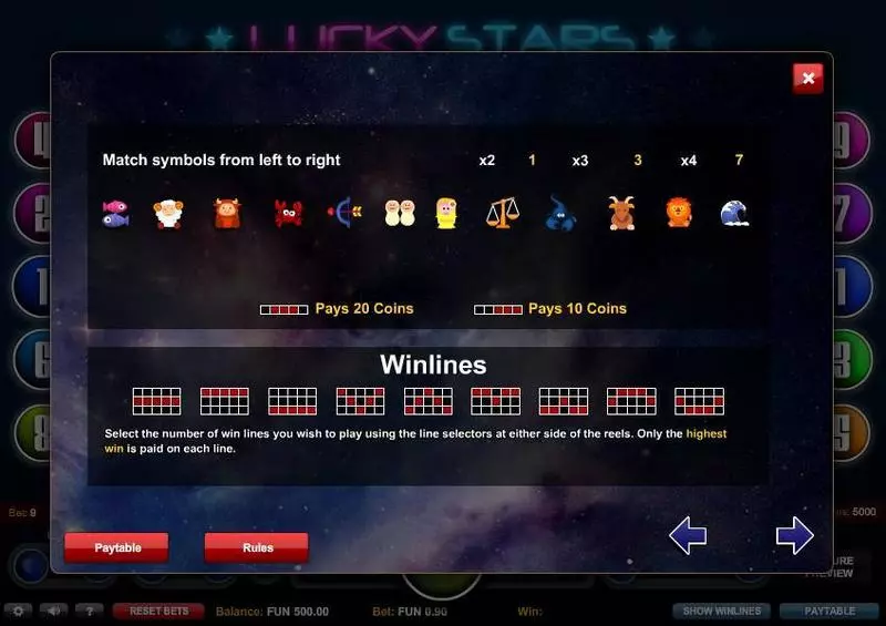 Lucky Stars slots Paytable