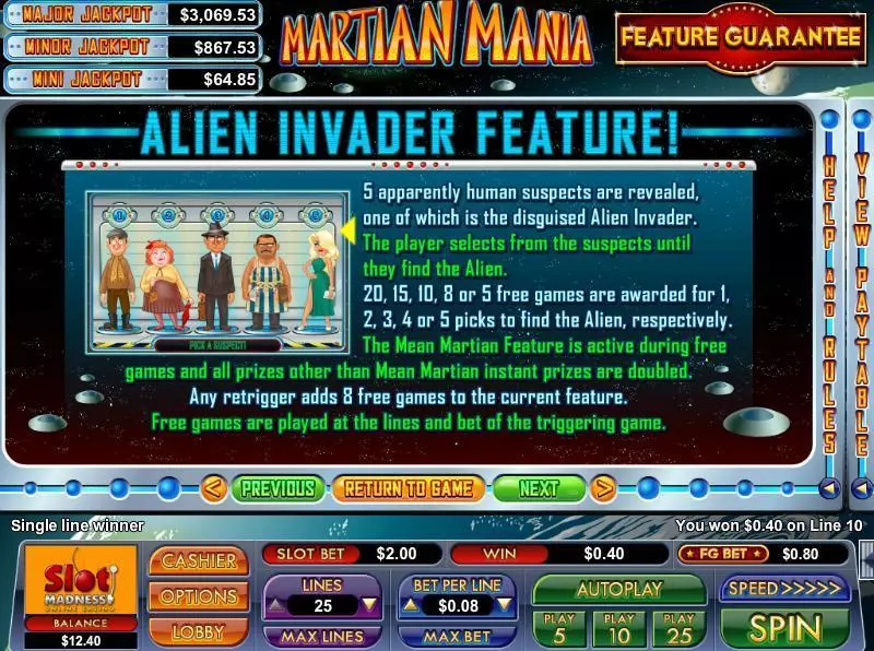 Martian Mania slots Info and Rules