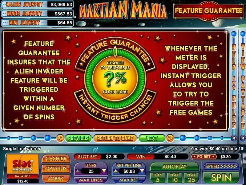 Martian Mania slots Info and Rules
