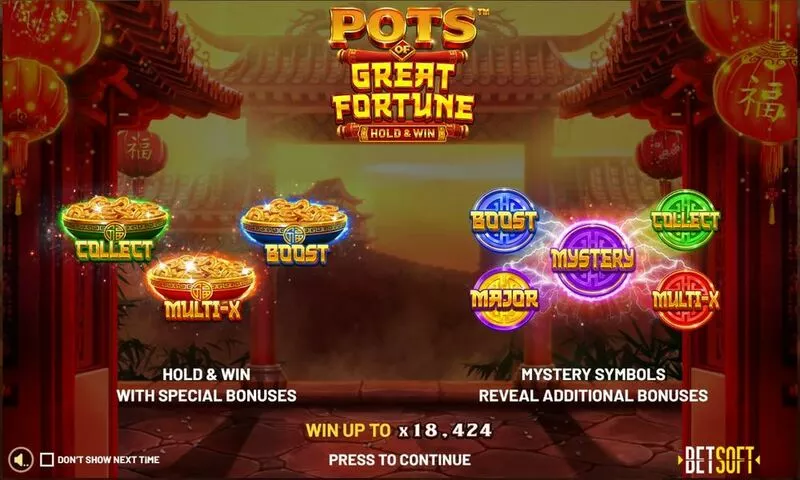 Pots of Great Fortune - Hold & Win slots Introduction Screen