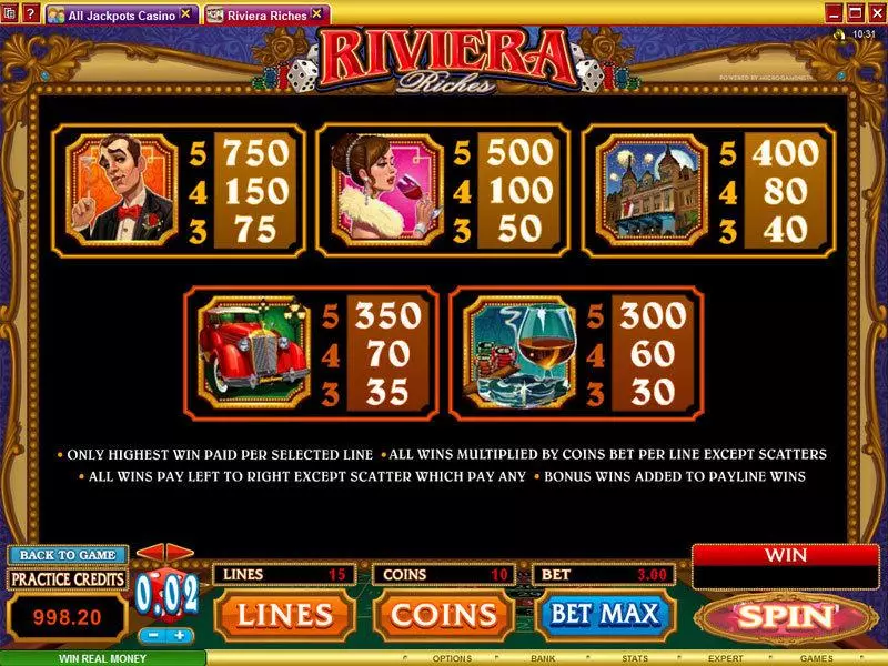 Riviera Riches slots Info and Rules