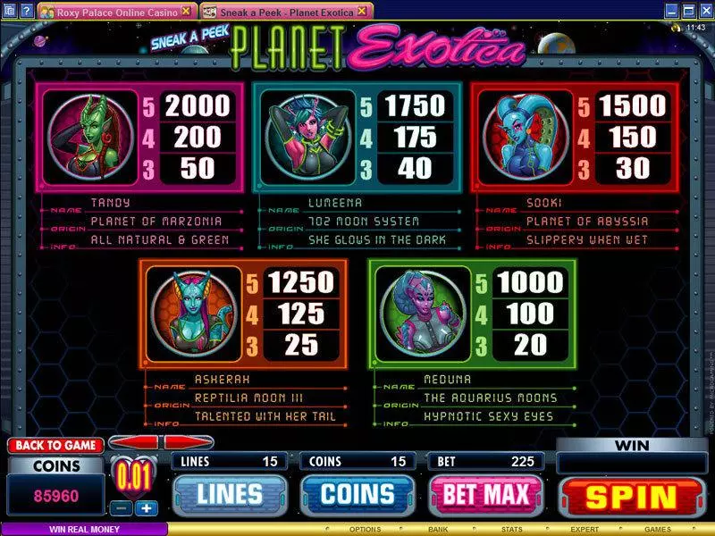 Sneak a Peek - Planet Exotica slots Info and Rules