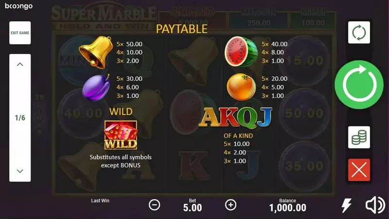 Super Marble slots Paytable