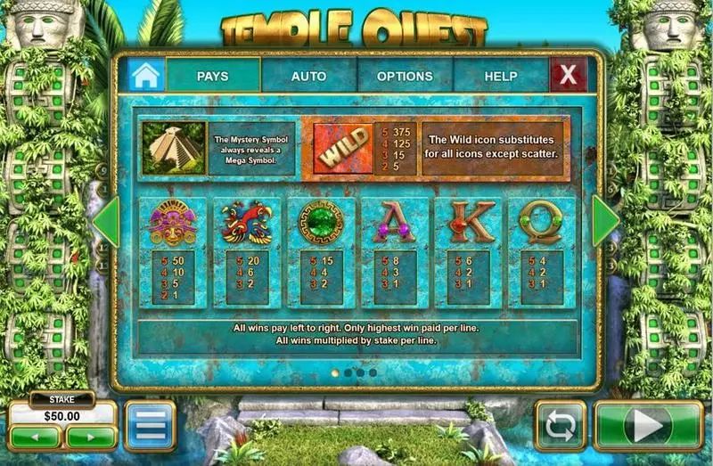 Temple Quest Spinfinity slots Paytable