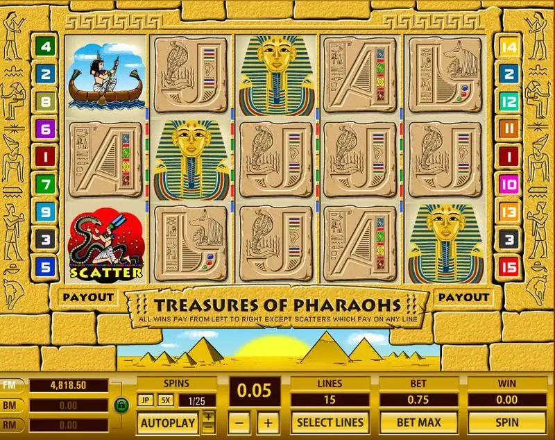 Treasures of Pharaohs 15 Lines slots Main Screen Reels